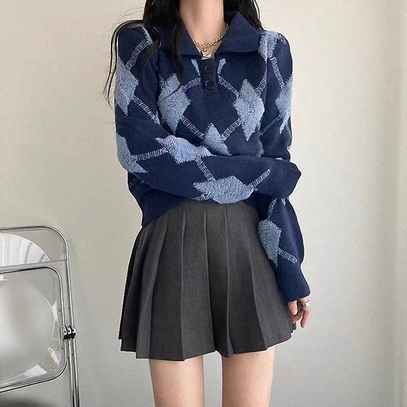 Korean Style Argyle Print Sweater Women Preppy Blue Polo Collar Fashion Knitted Jumper Female Autumn Winter Pullovers