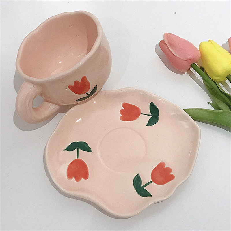 Korean Ins Style Pink Girl Heart Tulip Coffee Cup Dish Set High Beauty Ceramic Mug Afternoon Tea Cup Dim Sum Dish