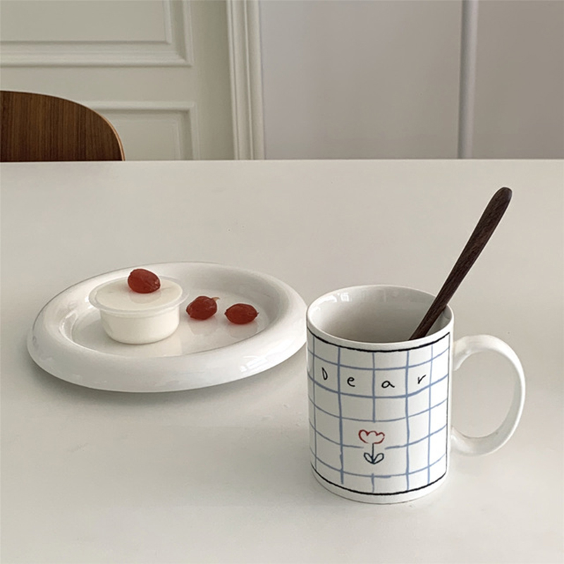 Korean Version Of Ins Style Cute Checkered Flower Rabbit Funny Cartoon Hand Drawn Mug Breakfast Coffee Ceramic Cup