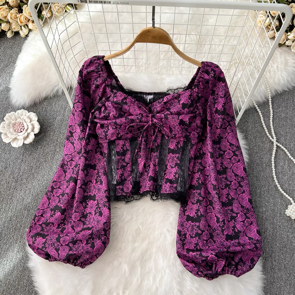 Sexy, Spice Girl ,patchwork Lace Floral Shirt, Square Collar Lantern Long Sleeve Shirt, Short Crop Top