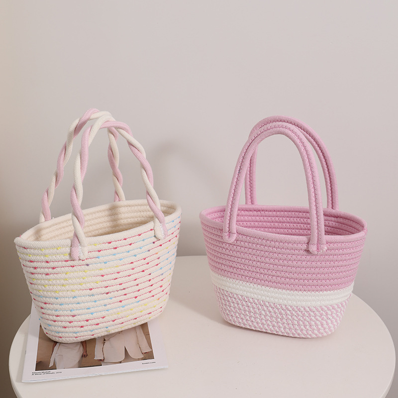 Pink Cotton Woven Bag Women's Crossover Design Handle Contrast Stripe Handbag Beach Holiday Picnic Storage Basket