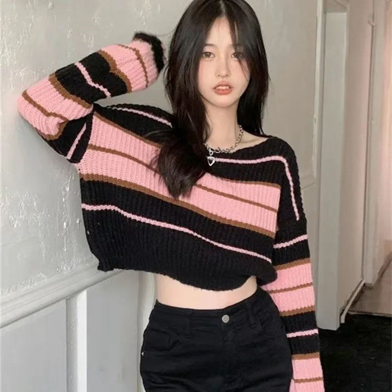 Y2k Street Sweaters Women Korean Style Striped Cropped Sweater Female Autumn Long Sleeve O-neck Knitted Pullovers Tops