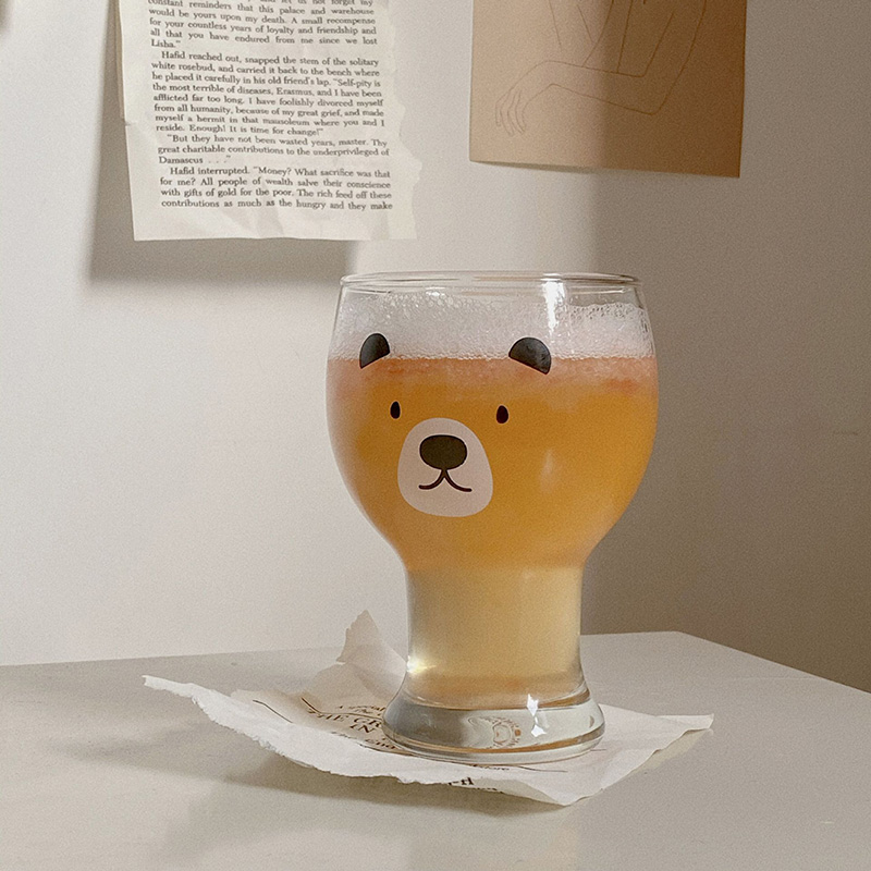 Korean Style Bear Print Transparent Glass Cup Creative Cute Beer Mug Drink Glass Large Capacity Mug Heat Resistant Water Bottle