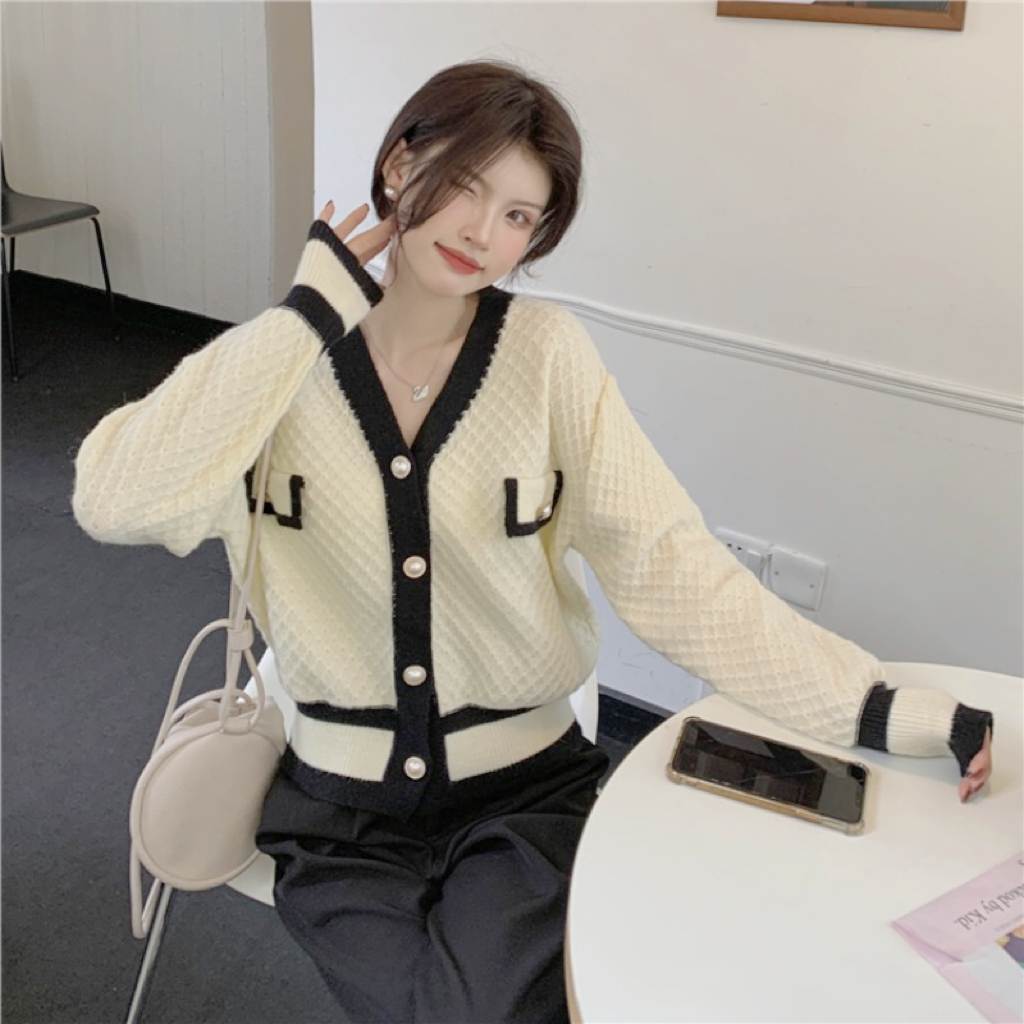 Korean Fashion Chic Vintage Sweater Retro Casual Lazy Sweaters For Women Knitted V-neck Cardigans Elegant Tops Outwear