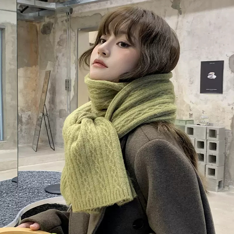 Fashion Solid Checked Winter Knitted Scarf For Women Design Warm Wool Yarn Neck Elastic Long Muffler Korean Style Shawl Wraps
