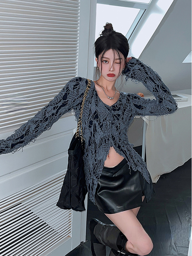 Thin Hollow Out V-neck Chic Cardigan Women Summer Sun Protection Split Tops Korean Fashion Y2k Mujer Knitted Kardigan Tops