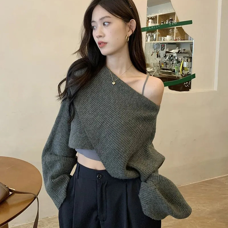 Sexy Criss-cross Pullover Sweaters Women Autumn Girl Short Off Shoulder Jumpers Female Korean Raglan Sleeve Knitted Top