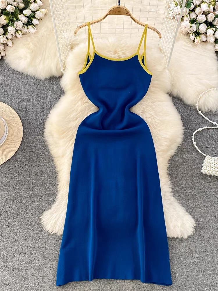 Sexy Spaghetti Strap Dress, Summer, Fashion Dress, Color Contrast,waist Waist Sleeveless Mid-length A-line Knit Dress