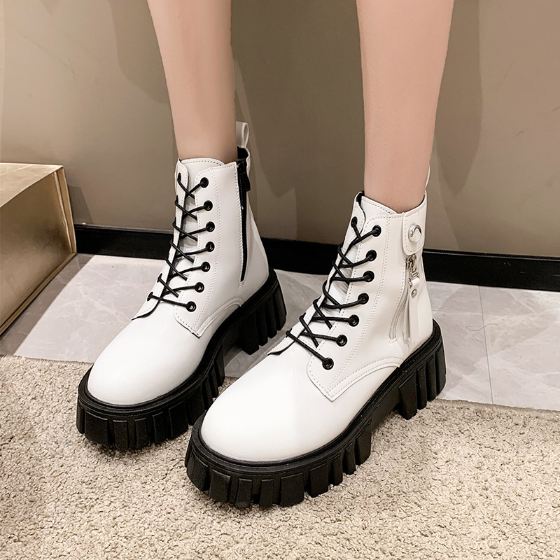White Black Platform Combat Boots Women Fashion Lace Up Pu Leather Ankle Boots Woman Thick Bottom Motorcycle Boots