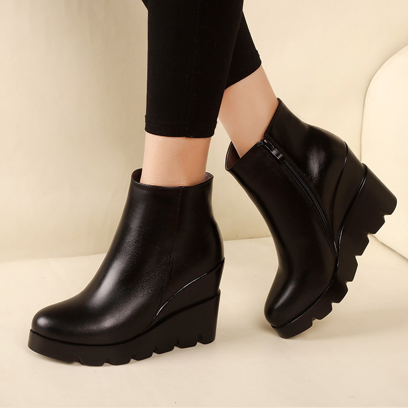 Women's Shoes Trend Autumn Winter Soft Leather Platform High Heels Wedges Ankle Boots For Woman Fashion Boot Women