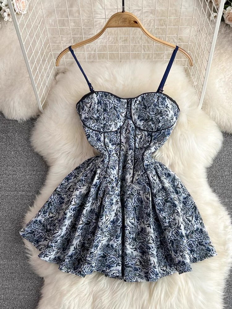Light Luxury Party Dress, Blue Printed Dress, Spaghetti Strap Dress, Pompous Princess Dress