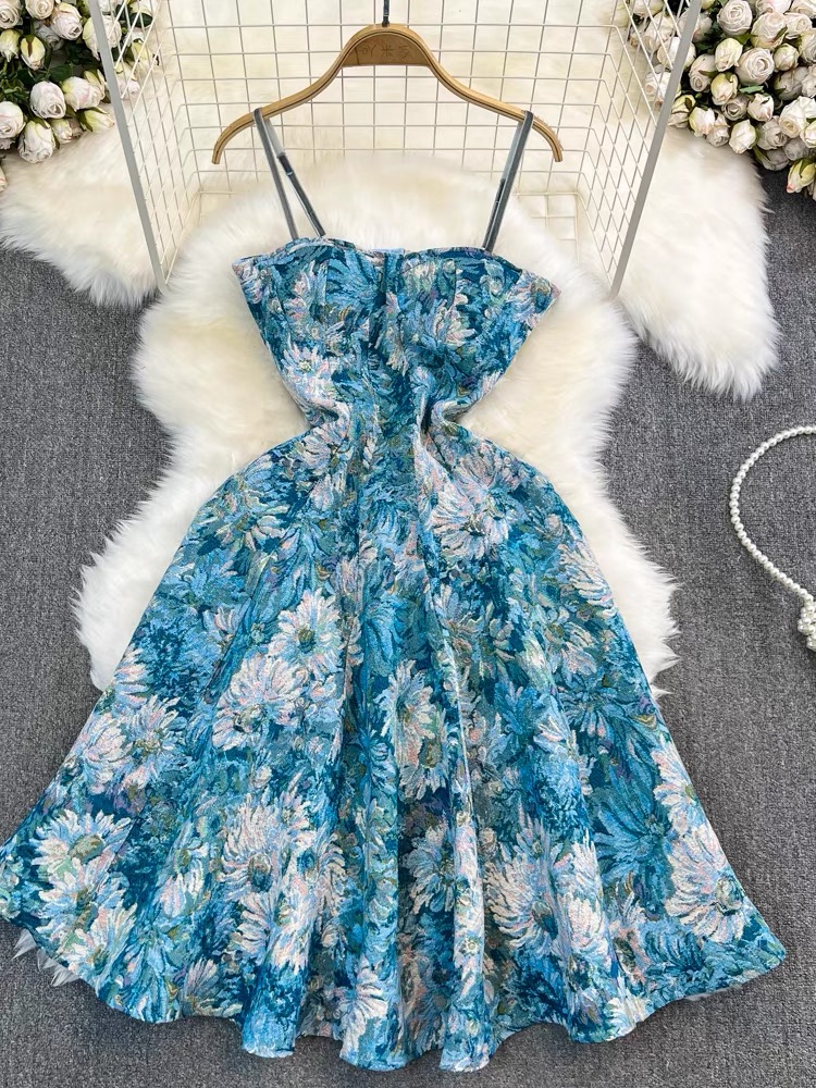 Seaside Holiday Dress,spaghetti Strap Dress, Backless Sleeveless Dress, A-line Oil Printed Dress