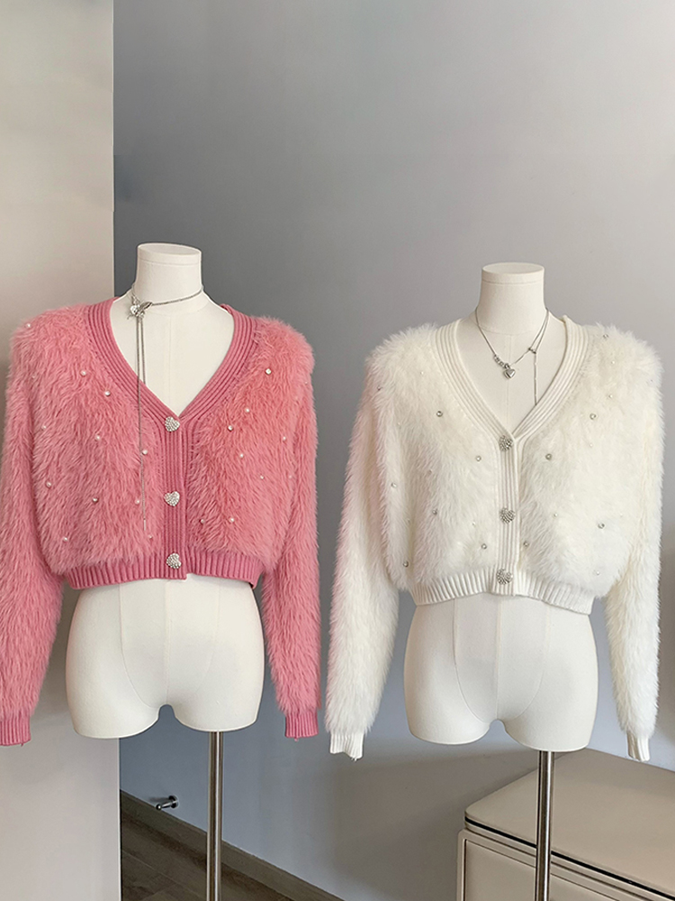 Korean Autumn Winter Women Sweater Cardigans V-neck Single Breasted Slim Office Lady Knitwear Jumper Pearl Cashmere Top Y2k