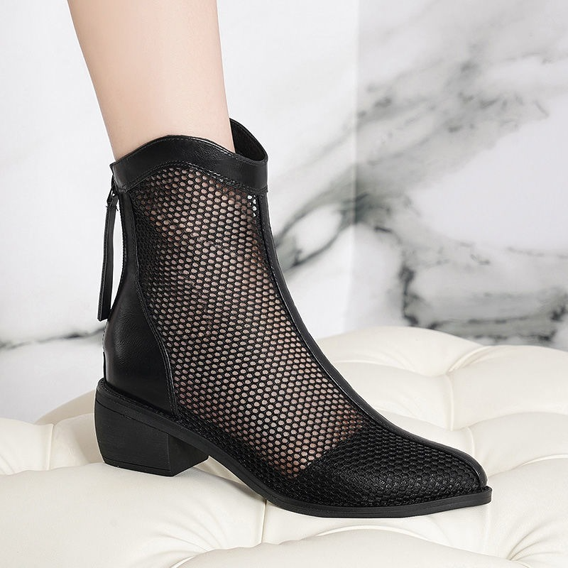 Grid Boots Women' Thick-heeled Boots Summer Thin Boots Woman Hollow Hollow Net Shoes Breathable Short Boots Sexy