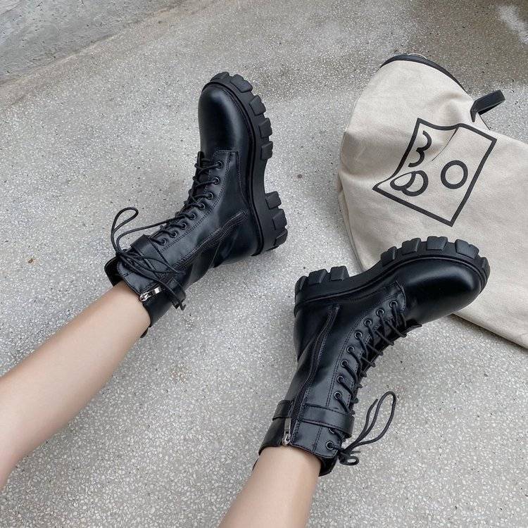 Autumn Boots Women Fashion Black Leather Platform Gothic Boots Punk Combat Mid-calf Boots For Women