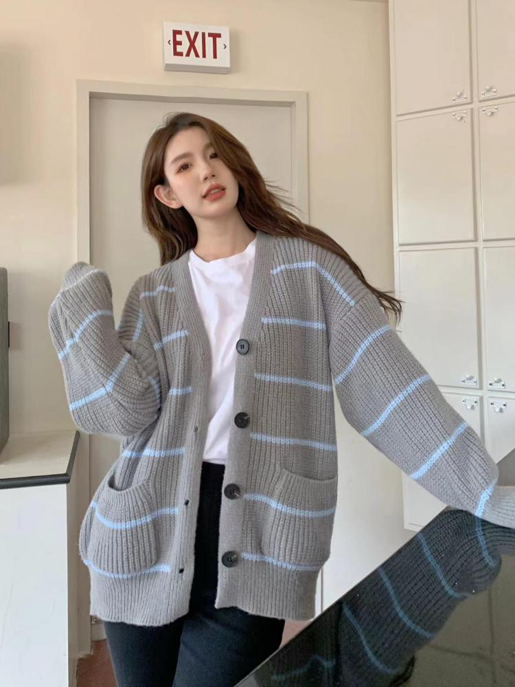 Korean Fashion V-neck Cardigan Striped Patchwork Knitted Sweater Coat Women Autumn Winter Long Sleeve Single Breasted Tops