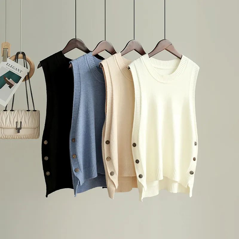 Real Shooting Japanese Women's Style Korean Style Round Neck Temperament Hide Meat Show Thin Sleeveless Knitted Sweater Vest