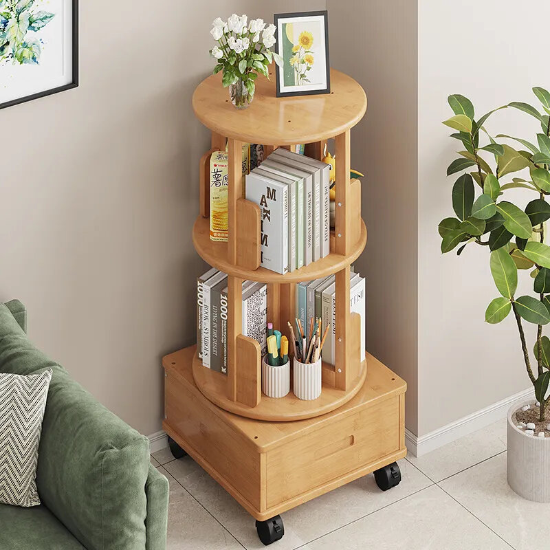 Rotating Bookshelf 360 Degree Household Bookshelf, Living Room Picture Book Shelf, Floor Movable Storage Rack