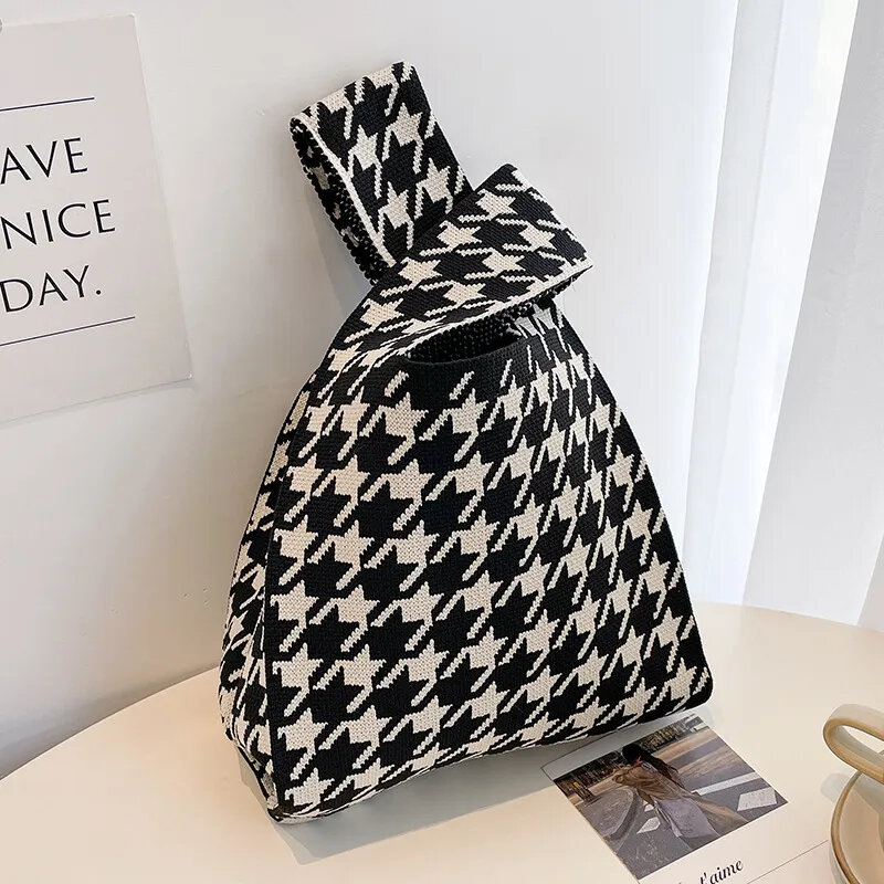 Women's Striped Knitted Handbag Portable Tote Bag Storage Bag Korean Mini Knot Wrist Bag Student Reusable Shopping Bags