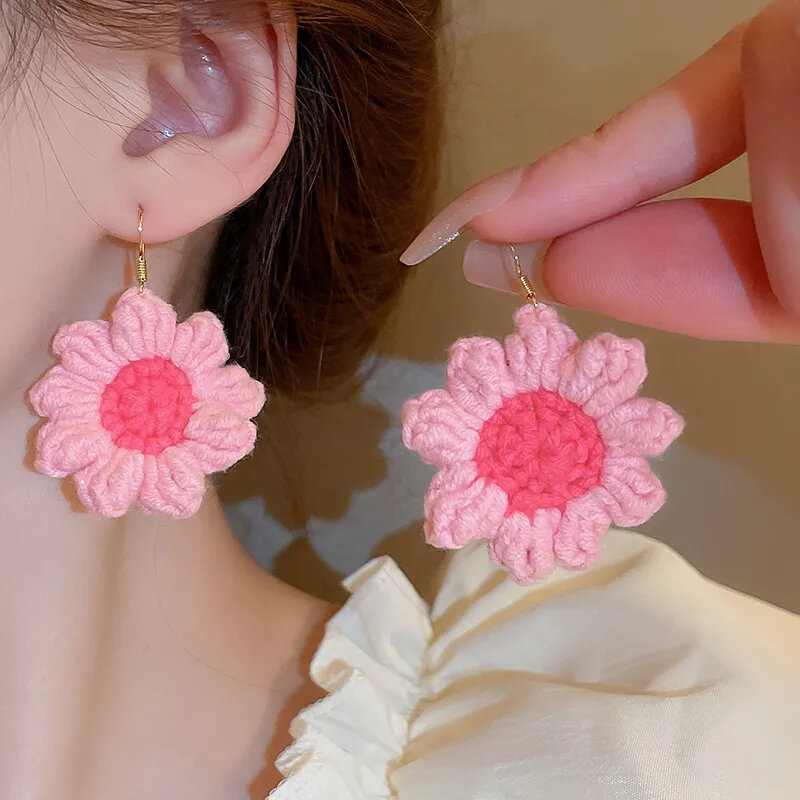 Pink Woven Wool Flower Drop Earrings For Women Cute Sweet Girls Aesthetic Y2k Creative Dangle Earrings Korean Fashion Jewelry
