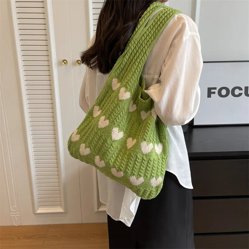 Heart Knitting Women's Bag Trend Knit Eco Bag Korean Shopping Y2k Crochet Rope Shoulder Bag Female Knitted Handbag Tote Bag