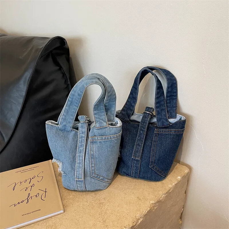 Korean Style Women Small Luxury Designer Denim Bucket Purse Tote Bag Ladies Mini Vintage Jeans Handbag