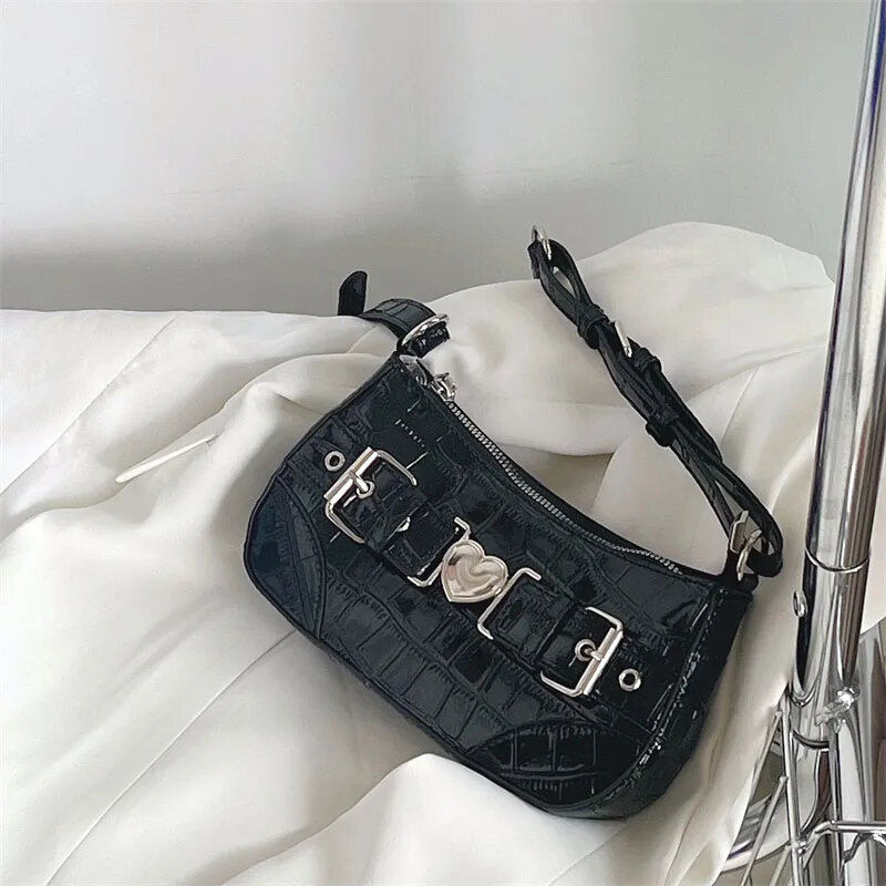 Y2k Women Korean Fashion Vintage Pu Black Hand Bag Aesthetic Elegant Goth Chain Shoulder Underarm Handbags Mini Purses Tote Bags