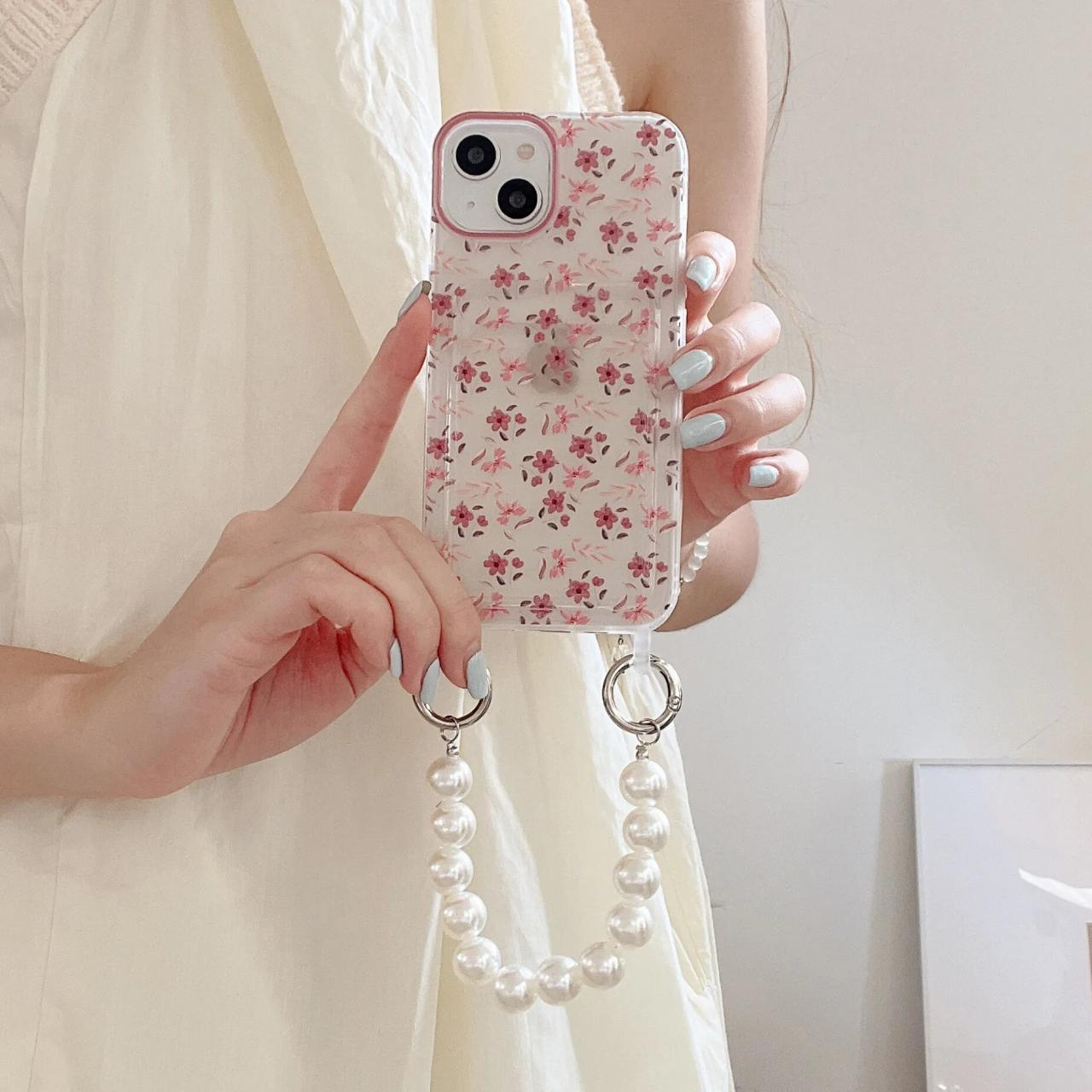 Korean Style Cute Flowers Pearls Wrist Chain Case For Iphone 15 Pro 11 12pro 13promax 14 Pro Max Strap Wallet Card Back Cover