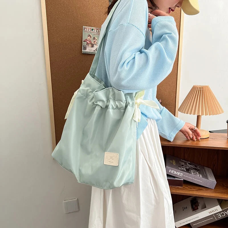 Handbag For Women Cute Drawstring Bow Tie Shoulder Bag Large Capacity Nylon Girl Shopping Tote Bag Harajuku Korean Style Bag