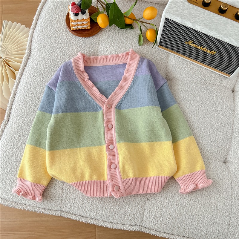 Girls Sweater, Spring And Autumn Cardigan Coat, Colored Striped Knitted Sweater Top