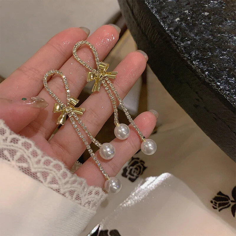 Korean Fashion Atmosphere Bow Pearl Earrings For Women Gentle Temperament Sense Exquisite Long Tassel Dangle Earring Jewelry