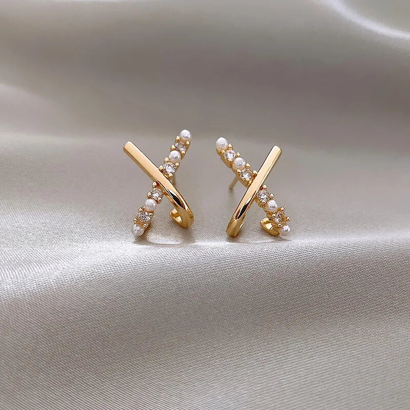 Korean Fashion Designer Small Cross X-shape Zircon Pearl Earrings For Women Unusual Accessories Luxury Wedding Party Jewelry