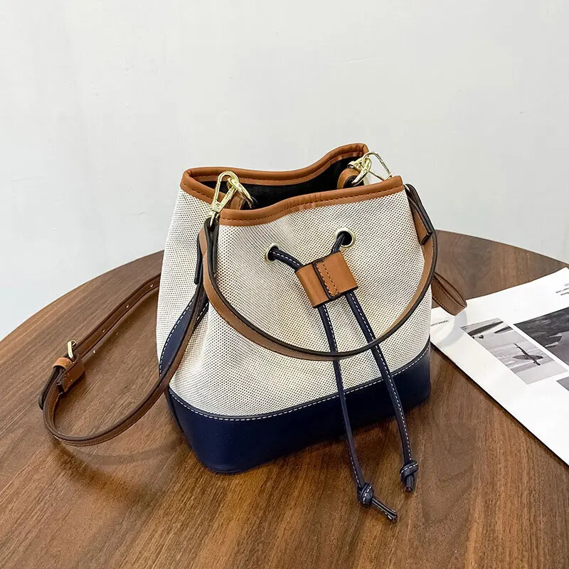 Korean Style Women Drawstring Bag Ladies Bucket Crossbody Bag Fashion Wide Strap Leather Shoulder Handbag