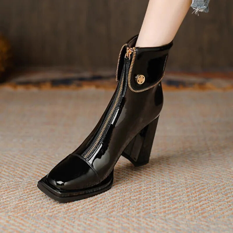 Ankle Women's Boots High Quality Modern Boots Women Solid Square Toe Zip Heeled Shoes