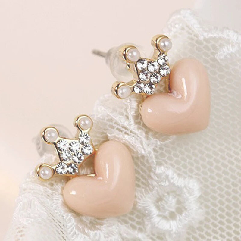 Korea Elegant Crystal Crown Pink Heart Stud Earrings For Women Popular Style Wedding Jewelry Accessory Brincos Wholesale Gift