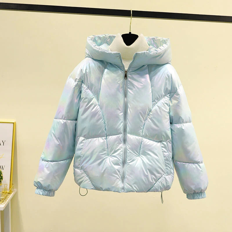 Winter Jacket Women's Shiny Short Style Warm Hooded Down Cotton Jacket Parkas Women's Loose Korean Cotton Jacket
