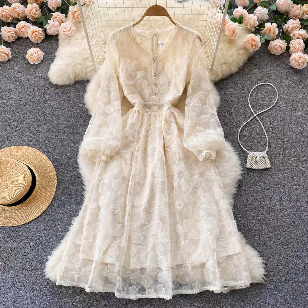 Gentle Wind,waist, Long Sleeve Dress, A-line Dress, Elegant Temperament V-neck Lace Dress