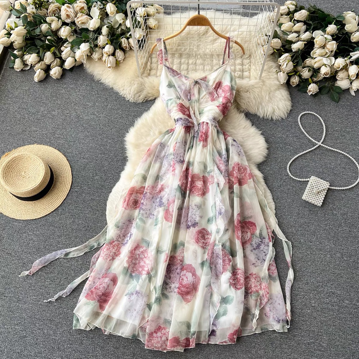 Fairy, Gauze Lace Fairy Dress, Waist Cut Floral Dress, Wooden Ear Strap V-neck Dress