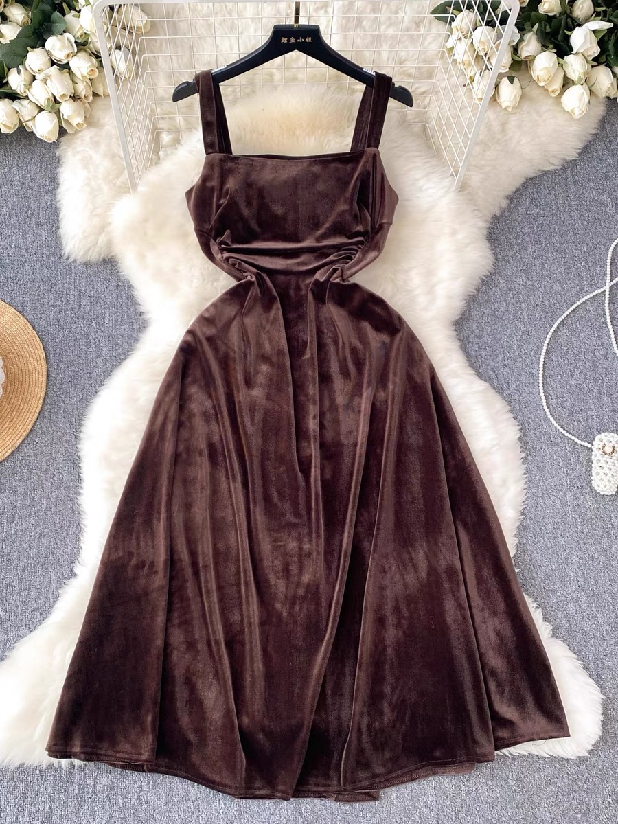 Halter Dress, Temperament Square Collar Slim Mid-length A-line Dress, Large Swing Base Dress, Vintage Velvet Dress