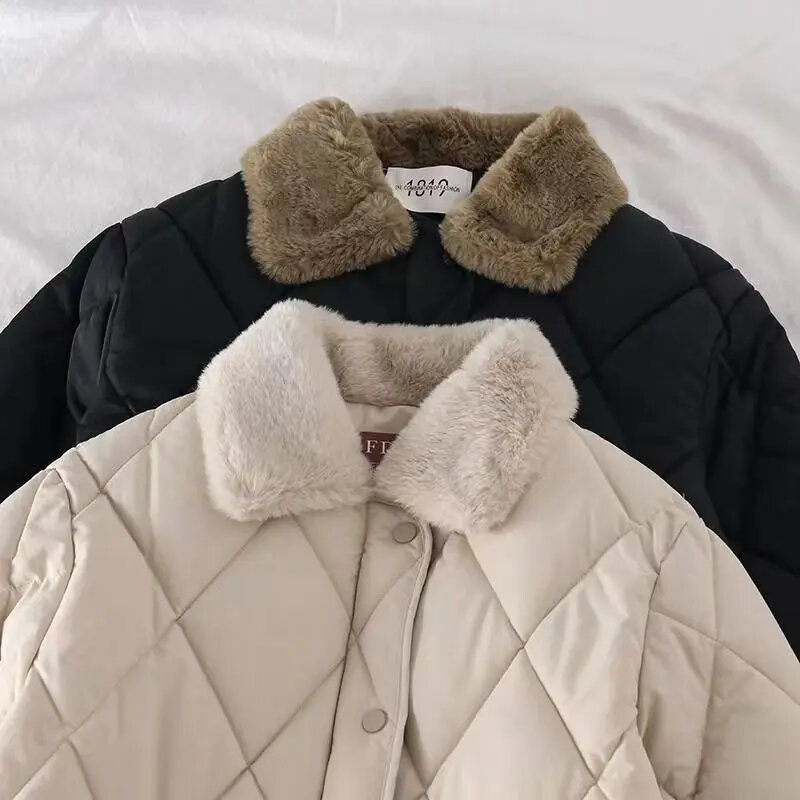 Korean Style Fur Collar Bread Service Woman Casual Thick Warm Button Parkas Jacket Women Short Loose Down Cotton Padded Coats