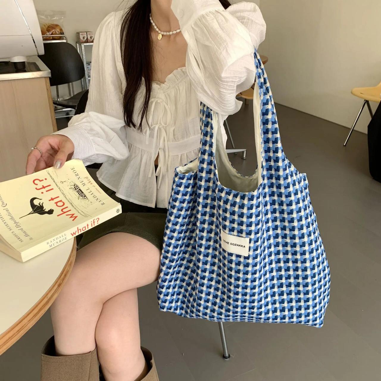 Korean Fashion Tote Bag Women Plaid Woven Shoulder Bag For Women Ladies Hand Bags Large-capacity Shopper Bag Handbags