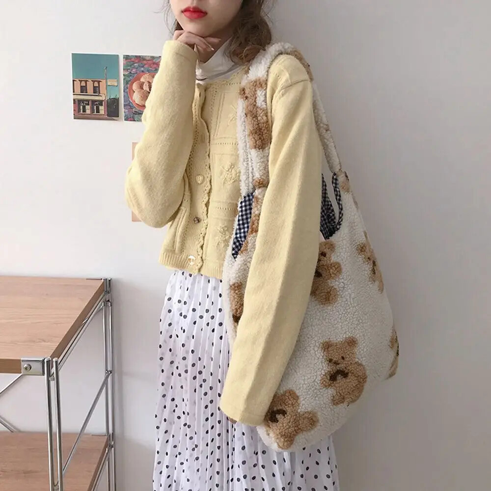 Cute Warm Plush Bear Cloth Fabric Ins Style Women Shoulder Bag Book Bag Shopping Bag Korean Style Handbag