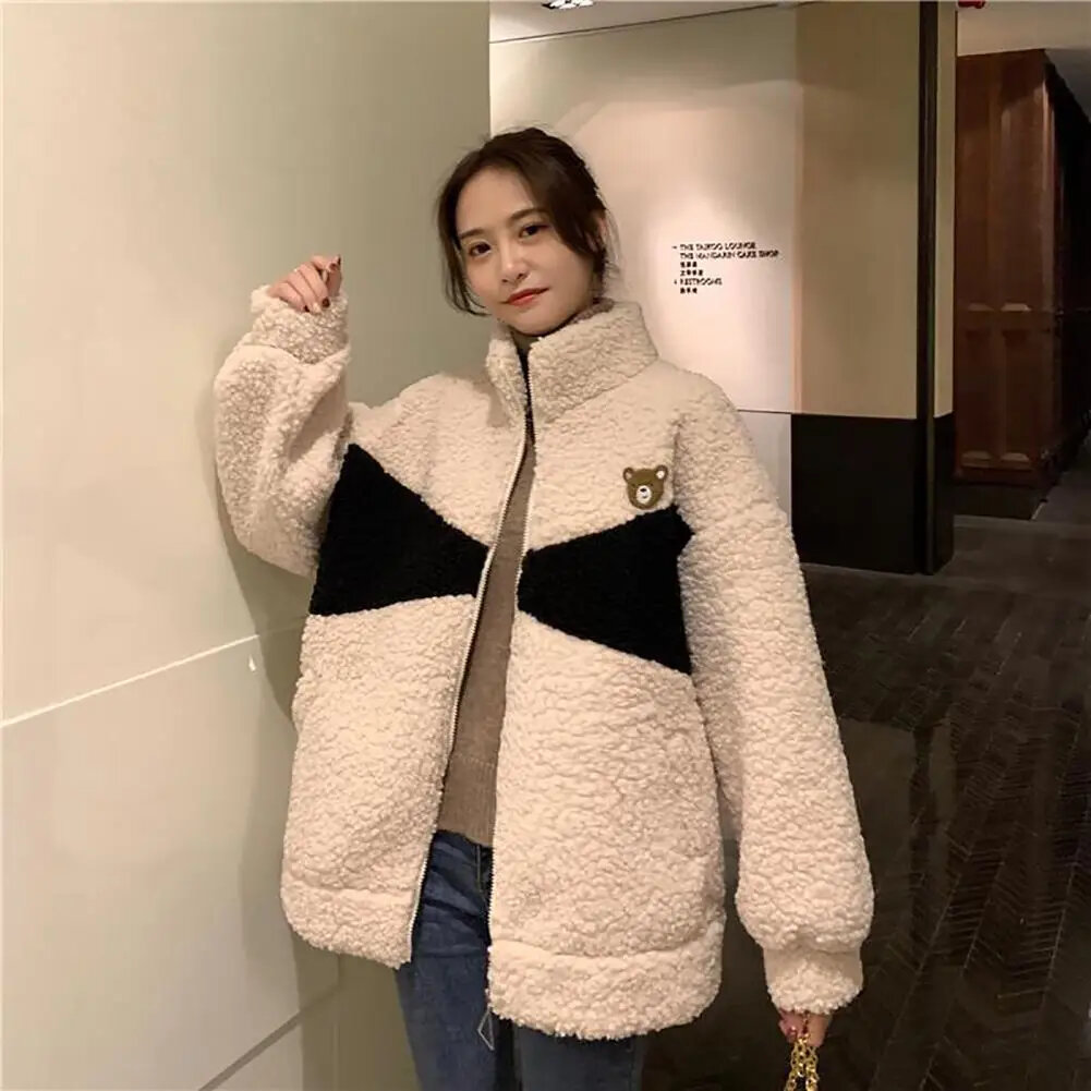 Winter Women Coat Korean Oversize Loose Style Stand Collar Plush Imitation Lamb Wool Jacket Female Plush Coat For Daily Wear