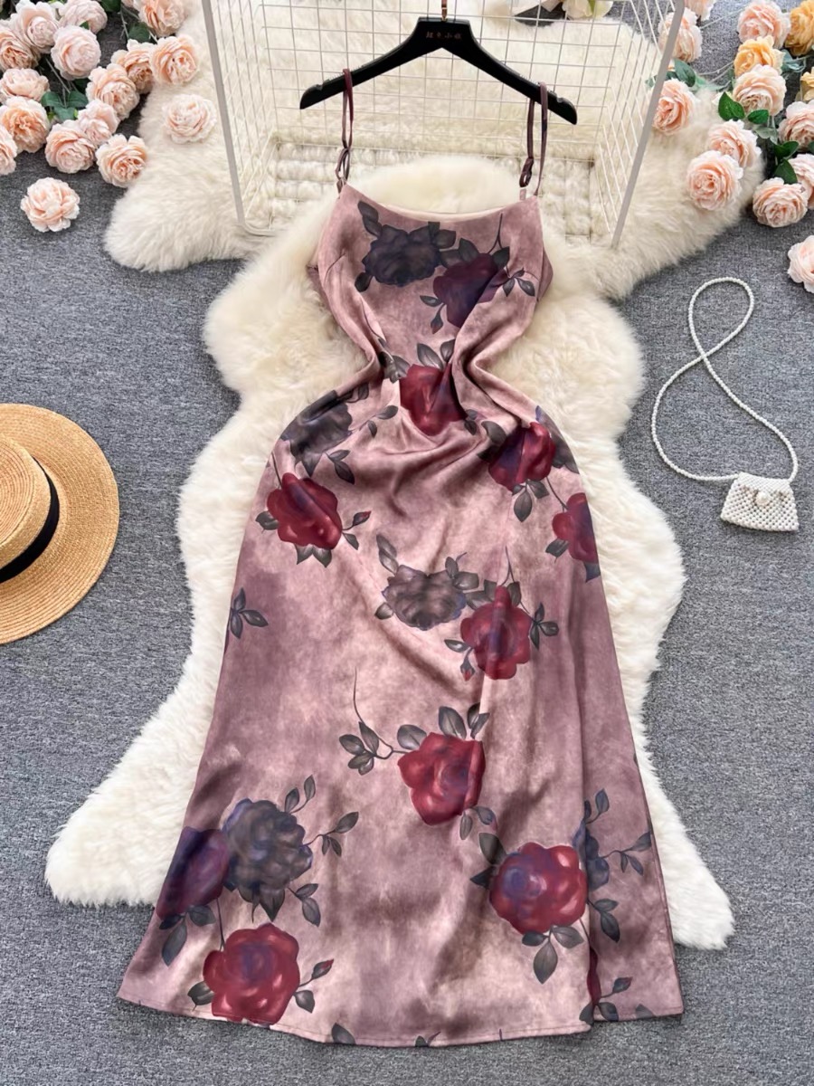 Romantic, Retro, Rose Print Halter Dress, Luxury Waist Long Dress