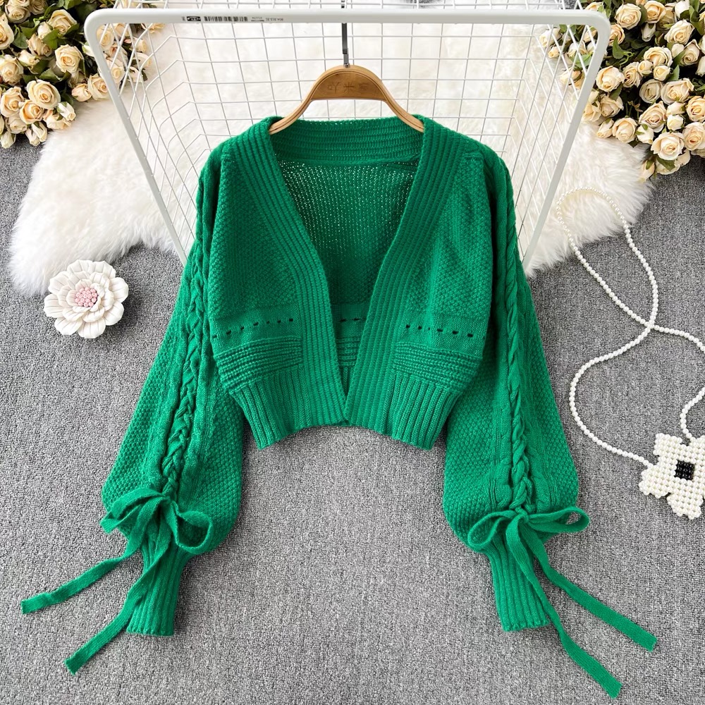 Lantern Sleeve Knitted Cardigan, Casual Bow Tie Short Long Sleeve Top