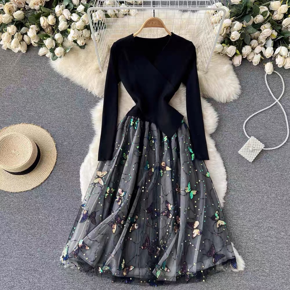 Color Contrast Patchwork Dress, Long Sleeve Knitted Dress, Waist Slimming Dress
