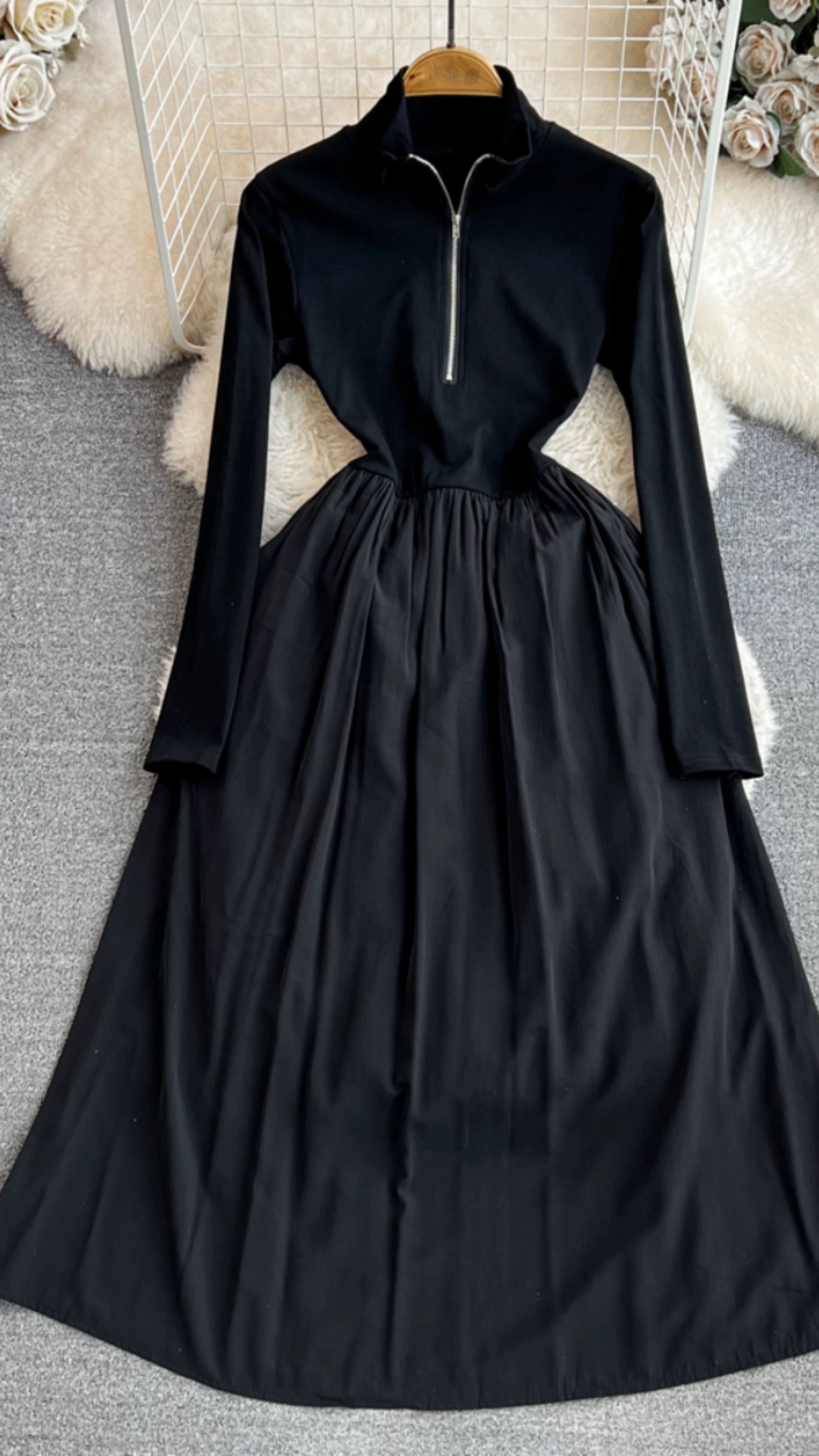 Long Sleeves Black Dress, Half High Neck Zip-up Waist Dress, A-line Swing Dress Elegant Long Dress