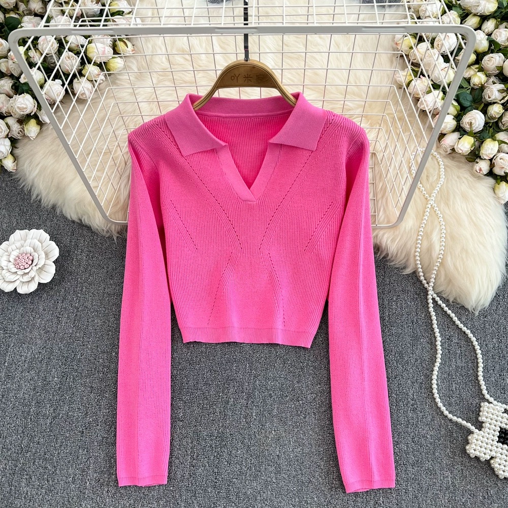 Vintage Polo Neck High-waisted Short Top, Slim Solid Color Long-sleeved Sweater