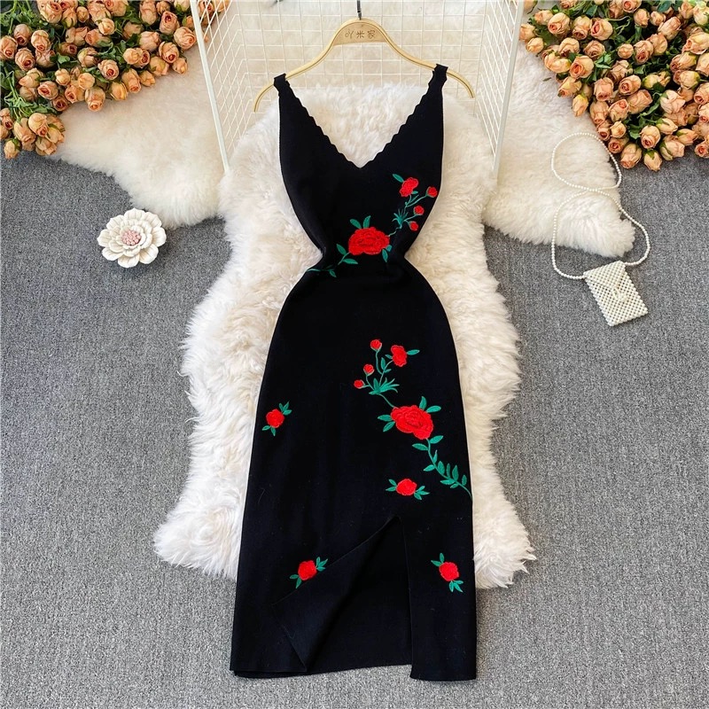Vintage, Rose Embroidery Black Dress, Knitted Halter Split Dress