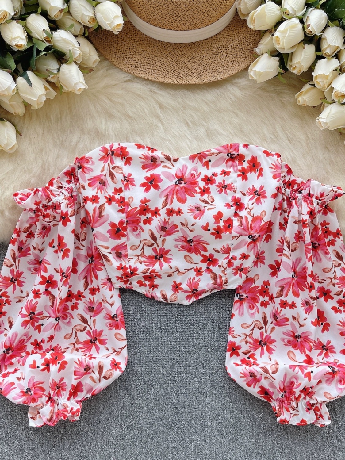 Vintage, Romantic Floral Strapless Shirt, Puffy Sleeved Hottie Crop Top